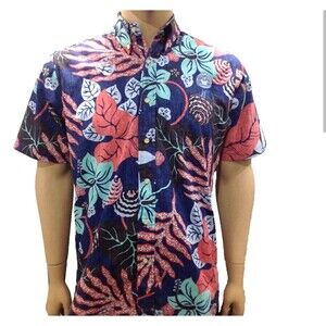 Reyn Spooner Shirt San Clemente Hawaiian Navy Blue Red Aloha 100% Cotton Mens L